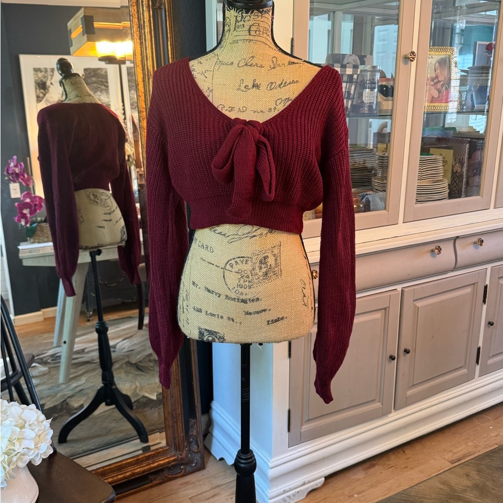Burgundy Cropped Knit Sweater with Bow Detail